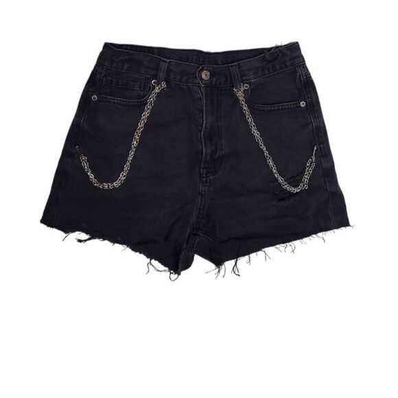 AMERICAN EAGLE black cutoff custom goth chain‎ mom jean shorts 6 - Picture 1 of 11